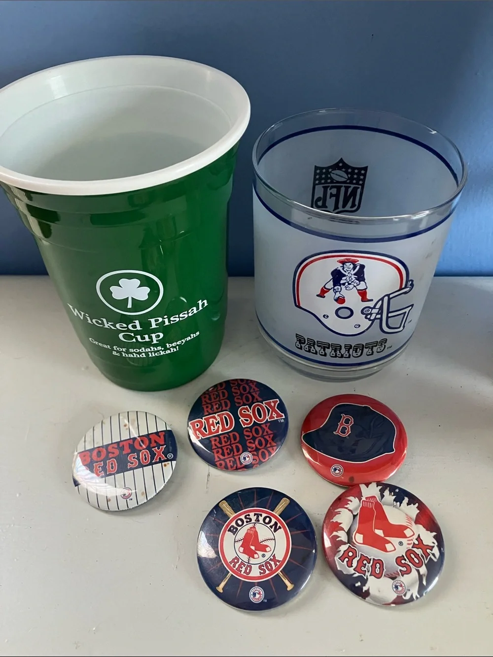 Bundle of New England Patriots and Boston Red Sox Cups and Pins and Bear